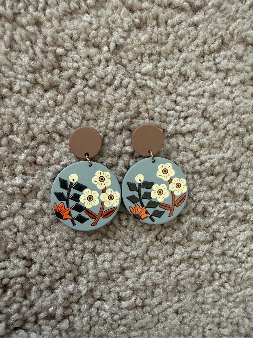 Handmade Floral Drop Earrings in Gray, Cream & Brown